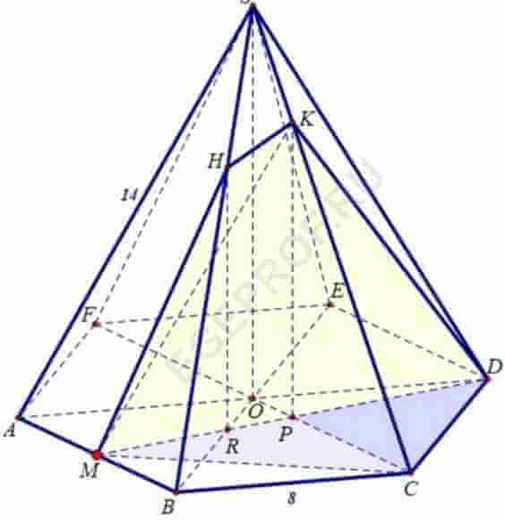 Середина высоты пирамиды. Сечение шестиугольной пирамиды. В правильной шестиугольной пирамиде SABCDEF боковое ребро sa 14. Ребра шестиугольной пирамиды. В правильной шестиугольной пирамиде sa=14 а сторона ab= 8.