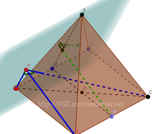 Ященко 36 вариантов профильный уровень ЕГЭ 2018 Тренировочная работа 21 Задание 14 пункт б SABCD - правильная четырёхугольная пирамида с основанием ABCD. Из точки B опущен `bot` BH на плоскость SAD. a) Докажите, что угол AHC=90. б) Найдите объём пирамиды, если HA=1 и HC=5