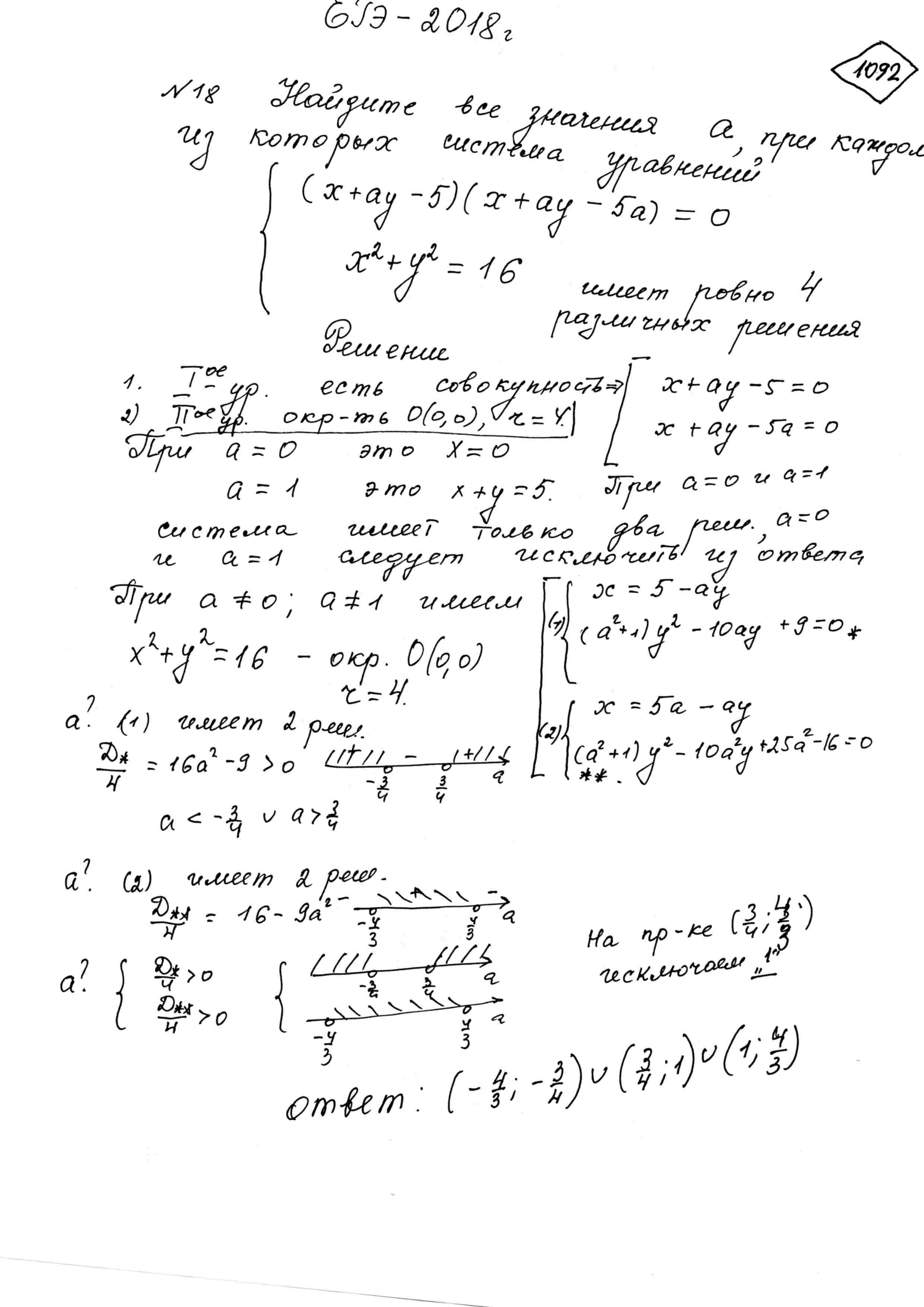 Найти все значения параметра a, при каждом из которых система  уравнений{((x+a*y-5)(x+a*y-5a)=0), (x^2+y^2=16):} имеет ровно 4 различных  решения