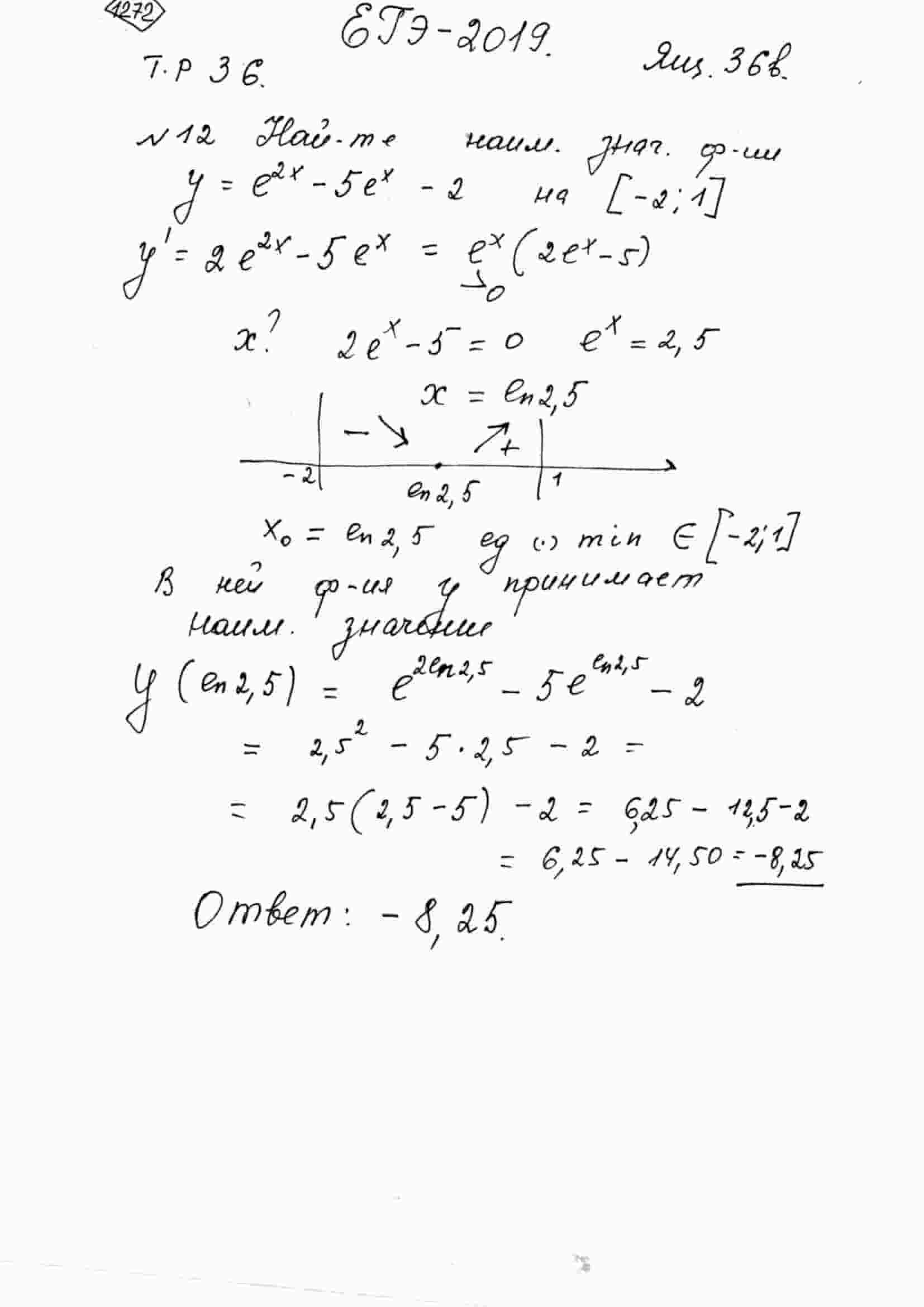 Найдите наименьшее значение функции y=e^(2x)-5e^x-2 на отрезке [-2; 1].