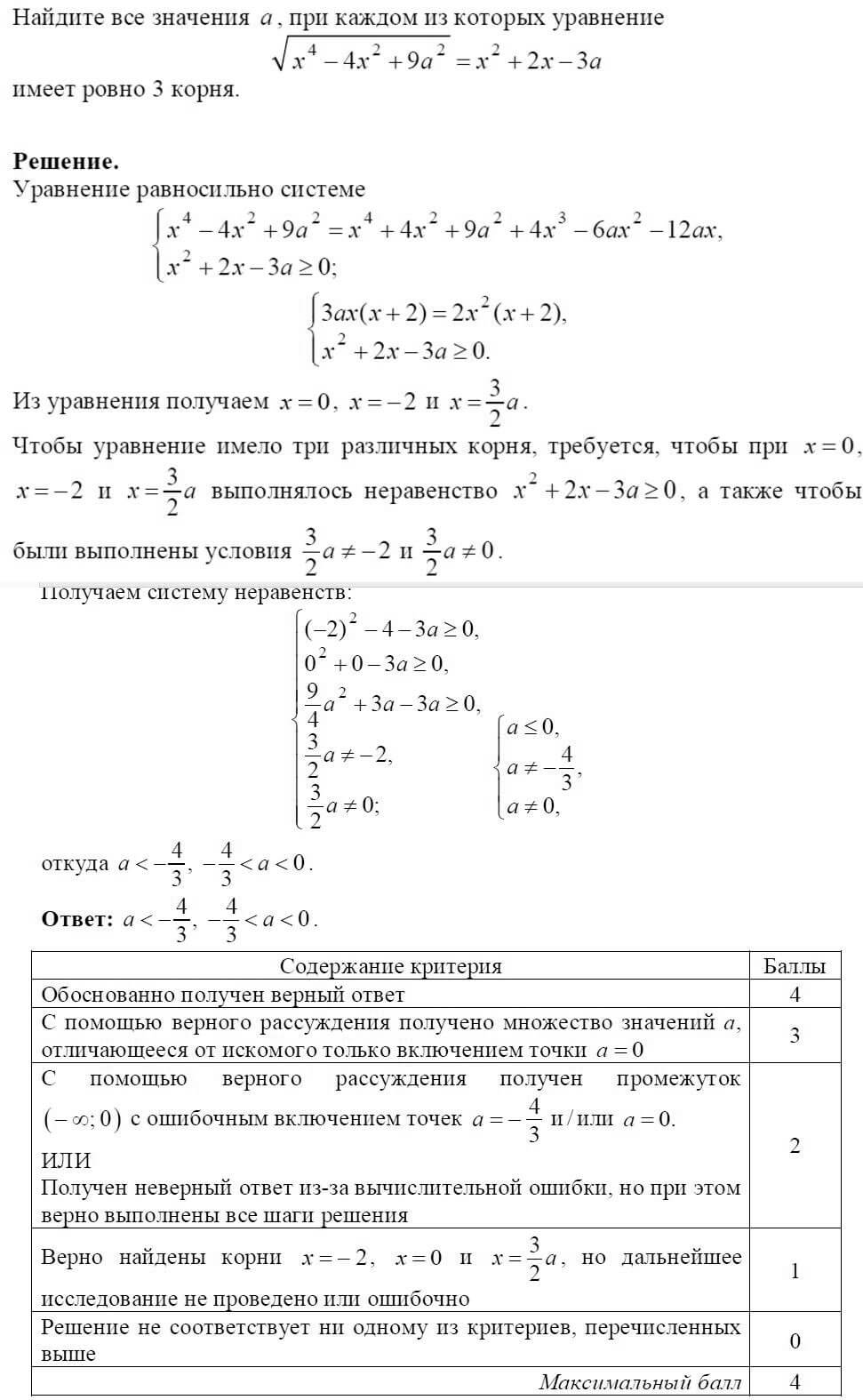 График задачи Найдите все значения a, при каждом из которых уравнение  sqrt(x^4-4x^2+9a^2)=x^2+2x-3a имеет ровно 3 решения