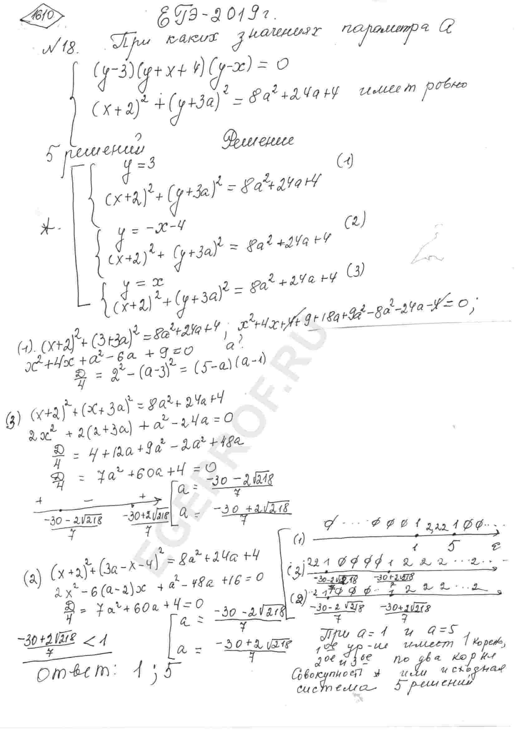 График задачи При каких значениях параметра система {((y-3)(y+x+4)(y-x)=0)  , ((x+2)^2+(y+3a)^2=8a^2+24a+4):}имеет ровно 5 решений