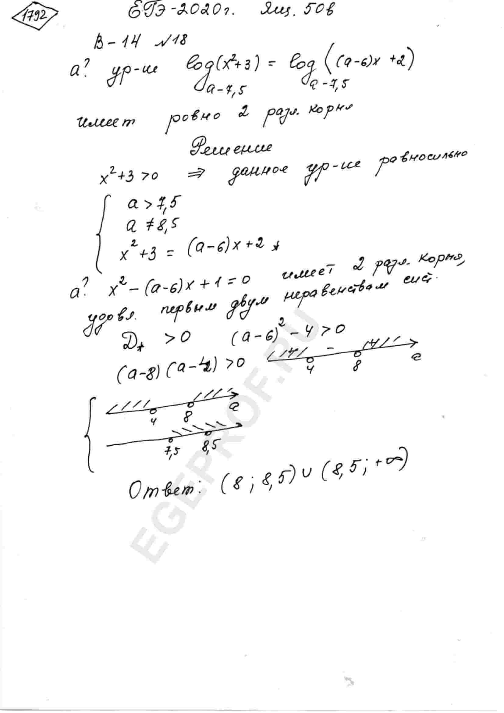 График задачи Найдите все значения а, при каждом из которых уравнение  log_{a-7.5}(x^2+3)=log_{a-7.5}((a-6)x+2) имеет ровно два различных корня