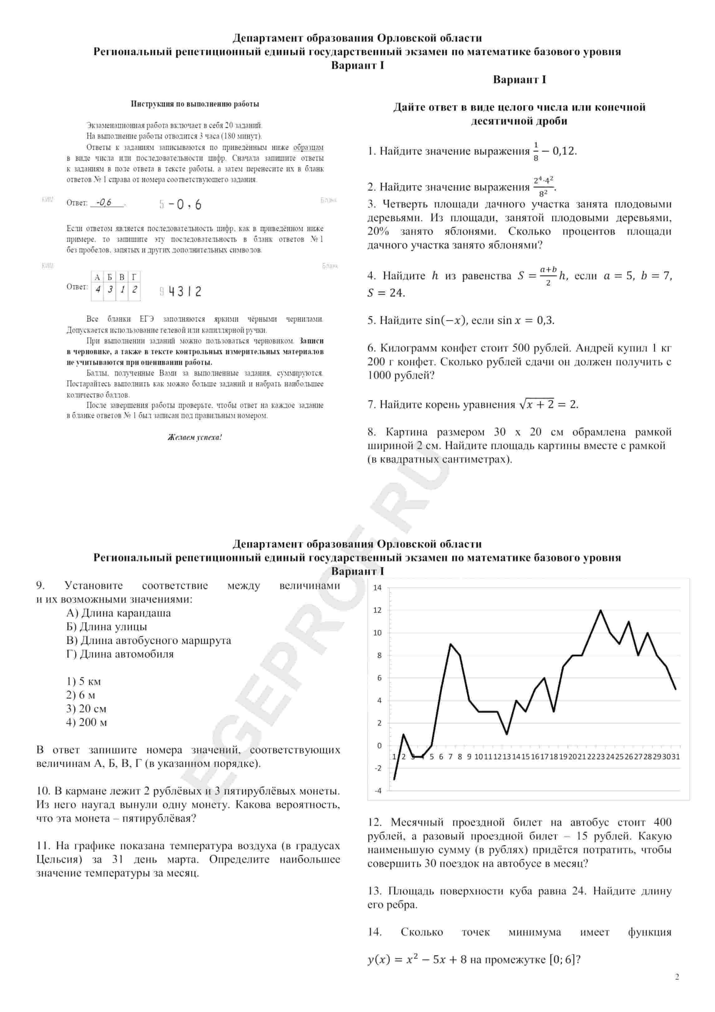 Региональный репетиционный ЕГЭ по математике базового уровня