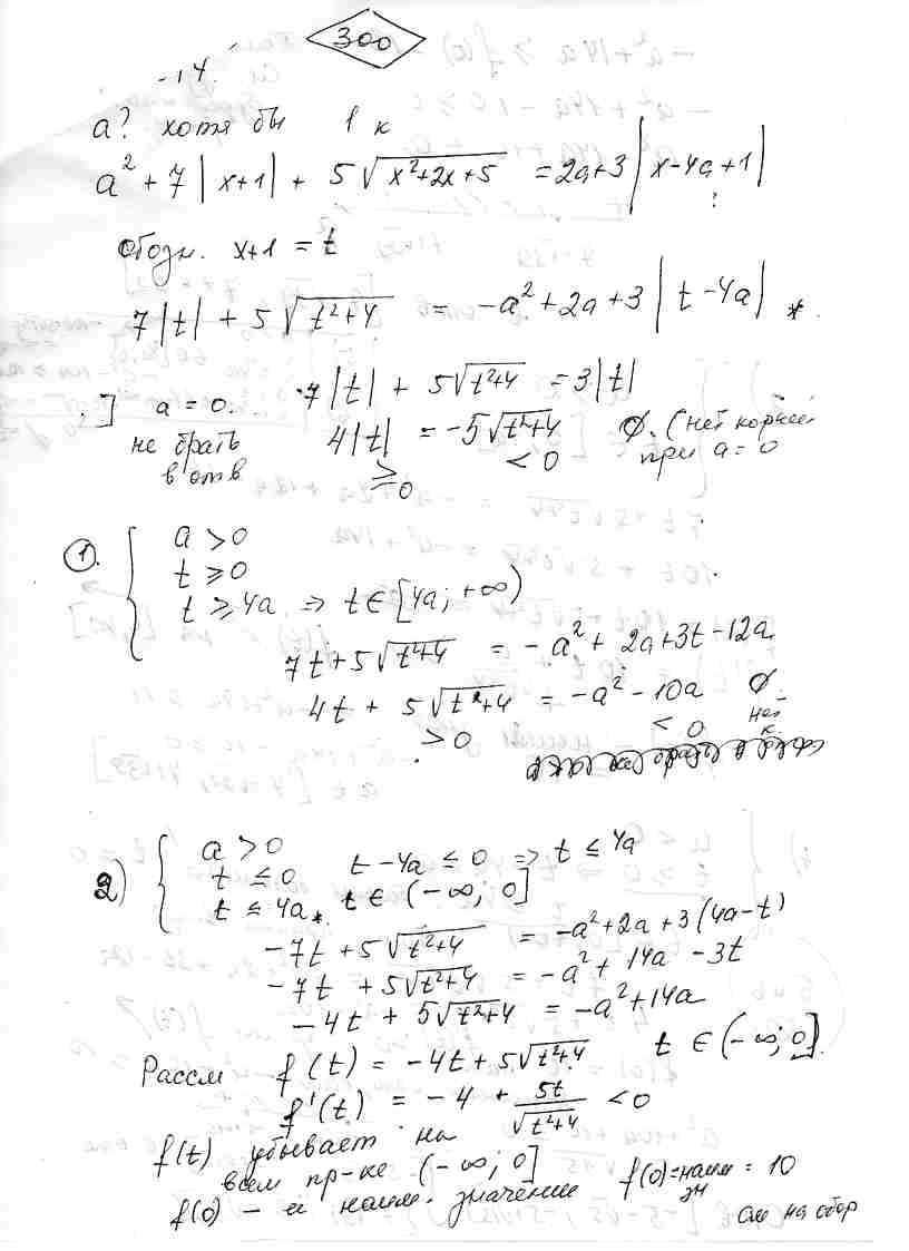 При каких значениях параметра а уравнение  a^2+7abs(x+1)+5sqrt(x^2+2x+5)=2a+3abs(x-4a+1) имеет хотя бы один корень