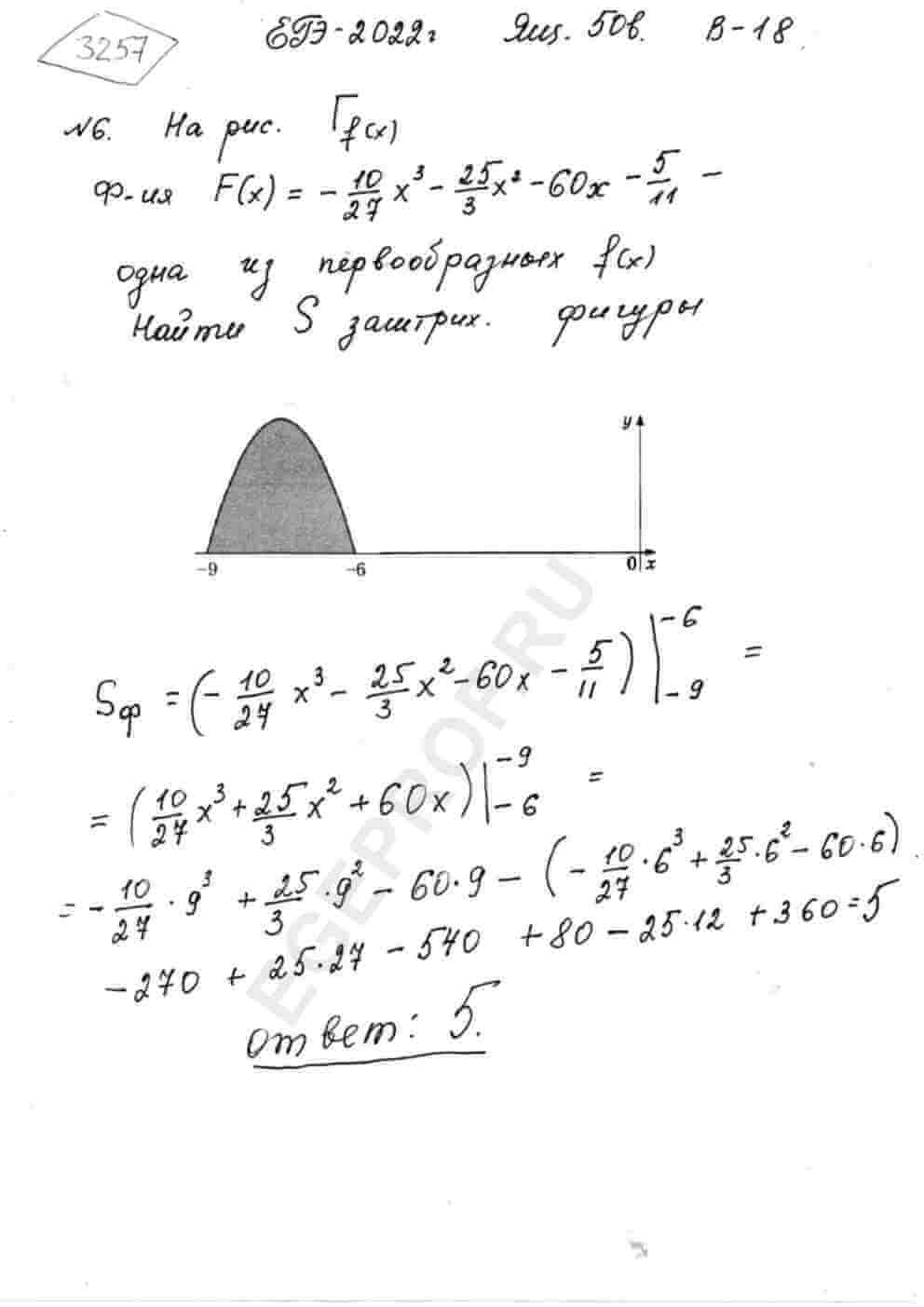 На рисунке изображён график функции y=f(x). Функция  F(x)=-10/27x^3-25/3x^2-60x-5/11. - одна из первообразных функций f(x).  Найдите площадь закрашенной фигуры