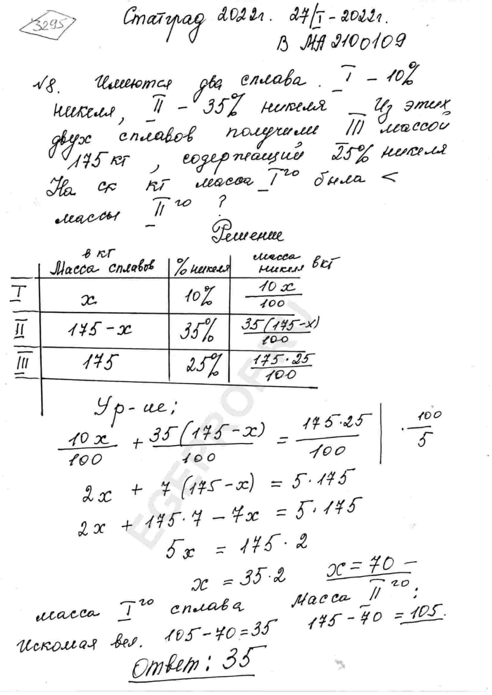 Имеется два сплава. Первый содержит 10 % никеля, второй - 35 % никеля. Из  этих двух сплавов получили третий сплав массой 175 кг, содержащий 25%  никеля. На сколько килограммов масса первого сплава была меньше массы  второго?