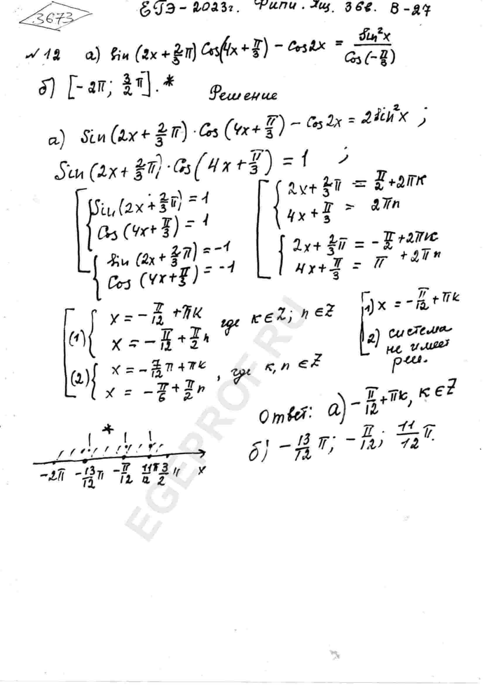 а) Решите уравнение sin(2x+(2pi)/3)*cos(4x+pi/3)-cos(2x)=.  (sin^2(x))/cos(-pi/3). б) Найдите все корни этого уравнения, принадлежащие  отрезку [-2pi; (3pi)/2].