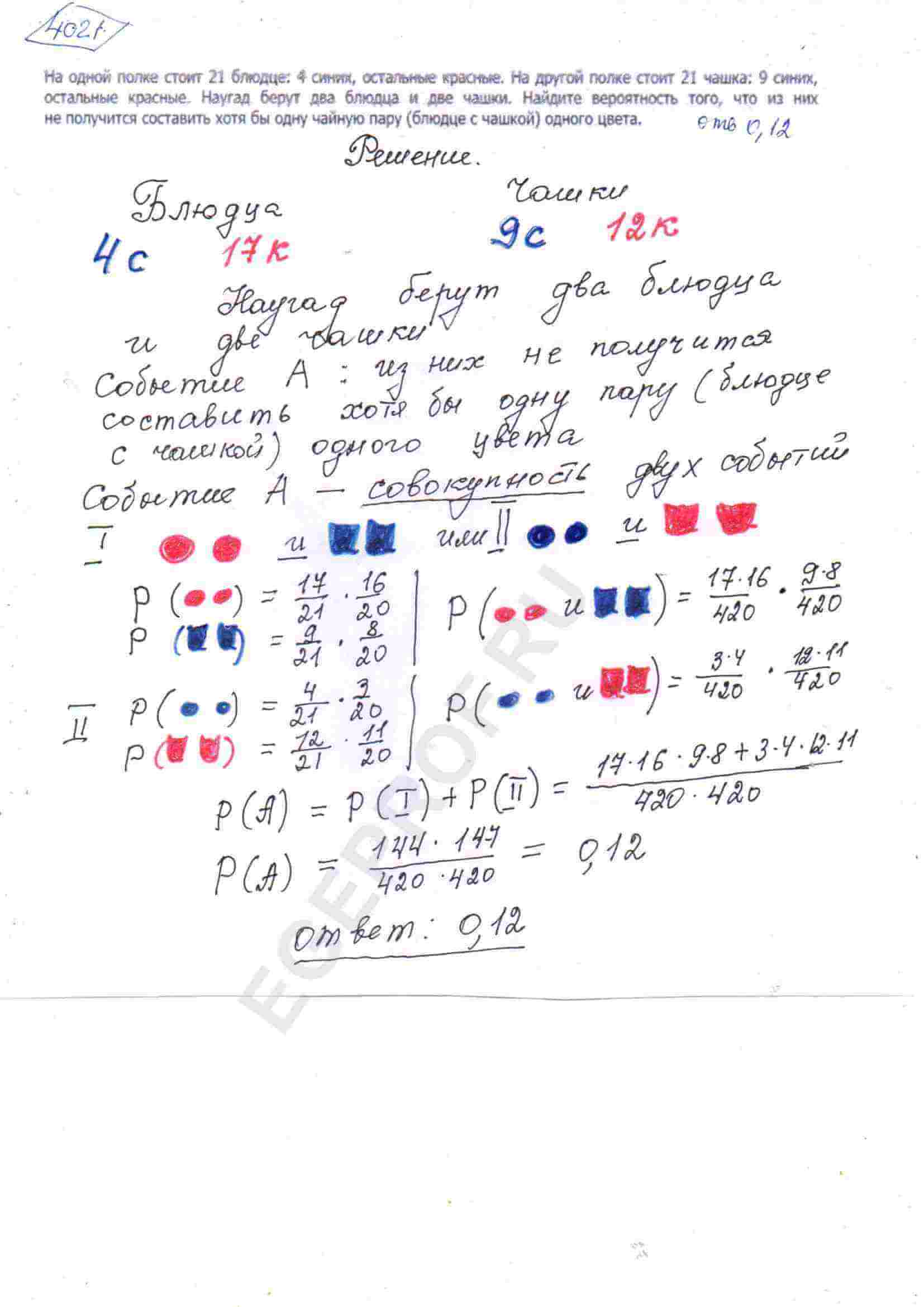 На одной полке стоят 21 блюдце: 4 синих, остальные красные. На другой полке  стоит 21 чашка: 9 синих, остальные красные. Наугад берут два блюдца и две  чашки. Найдите вероятность того, что из