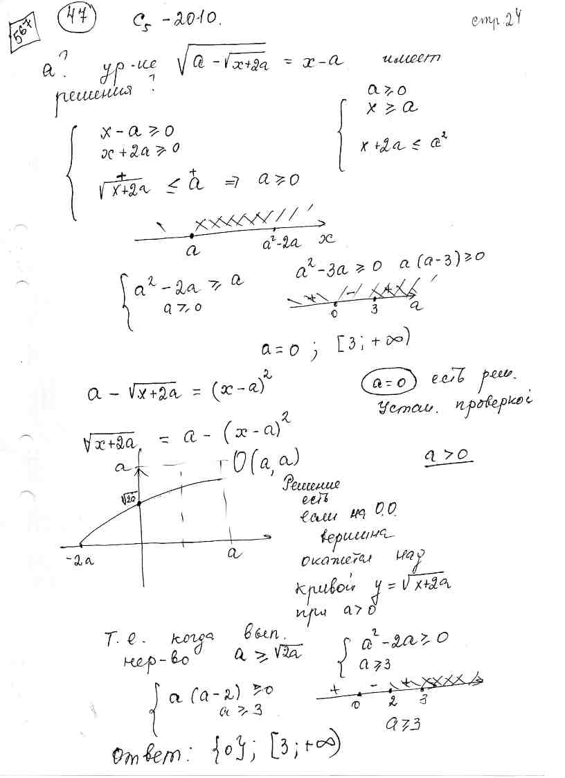 При каких значениях параметра а уравнение имеет решение  sqrt(a-sqrt(x+2a))=x-a