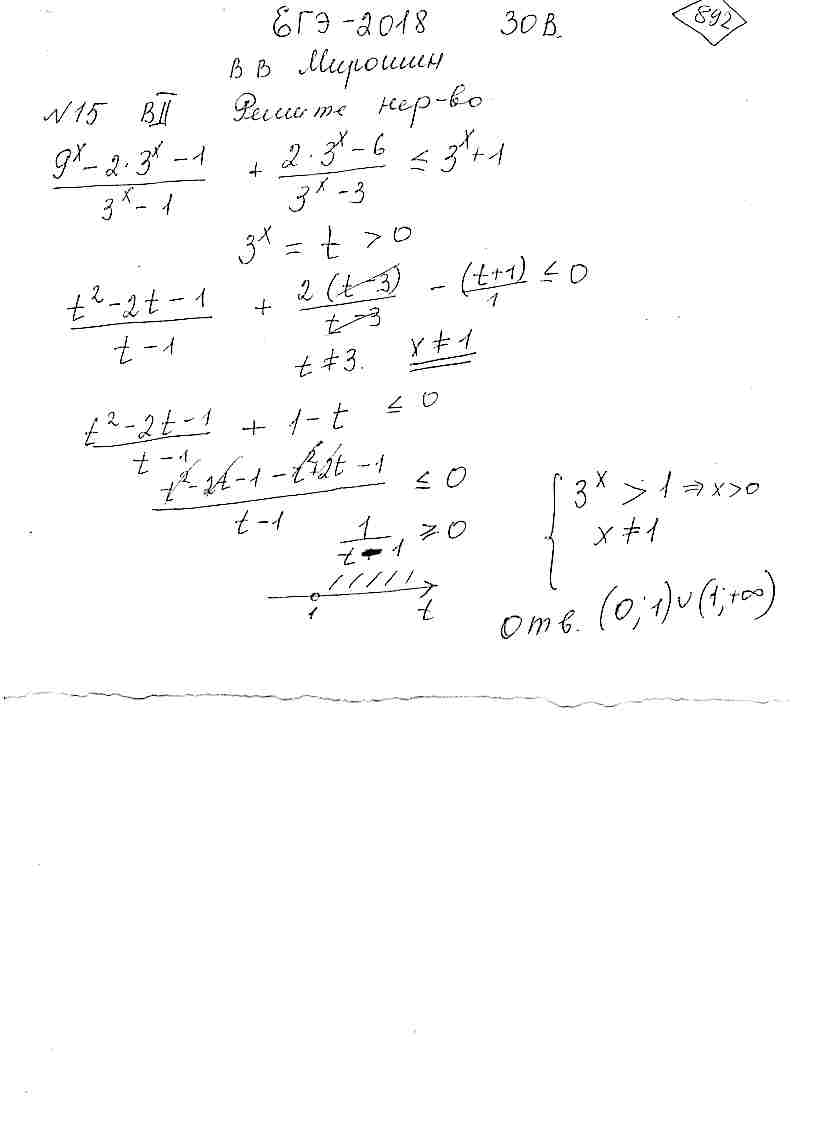 Решите неравенство(9^x-2*3^x-1)/(3^x-1)+(2*3^x-6)/(3^x-3)<=3^x+1